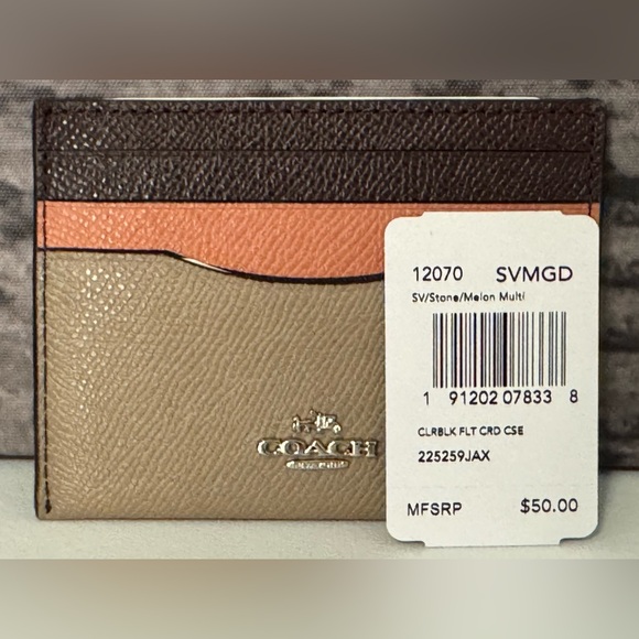 NWT Coach Colorblock Flat Card Case Crossgrain Leather Stone Melon Multi 12070 - Picture 3 of 6